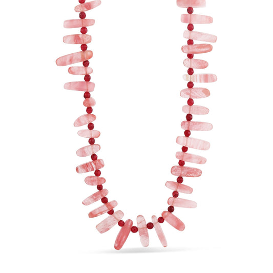 Rose quartz spike necklace with pink gemstone spikes and small red bead accents