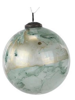 Round sage green marbled glass ornament with a dark metal cap and hanging loop