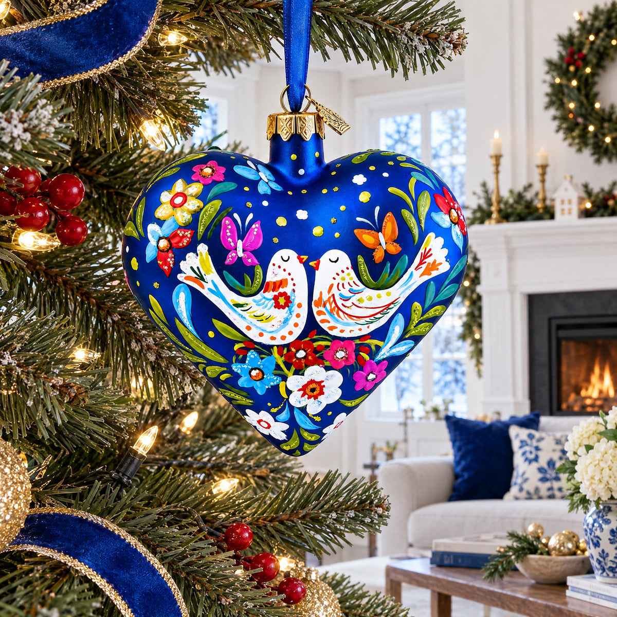 Heart-shaped blue glass ornament with colorful flowers and doves, hanging on blue ribbon