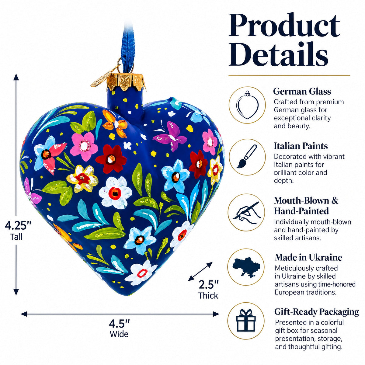 Heart-shaped blue glass ornament with folk doves and flowers, shown with product detail icons