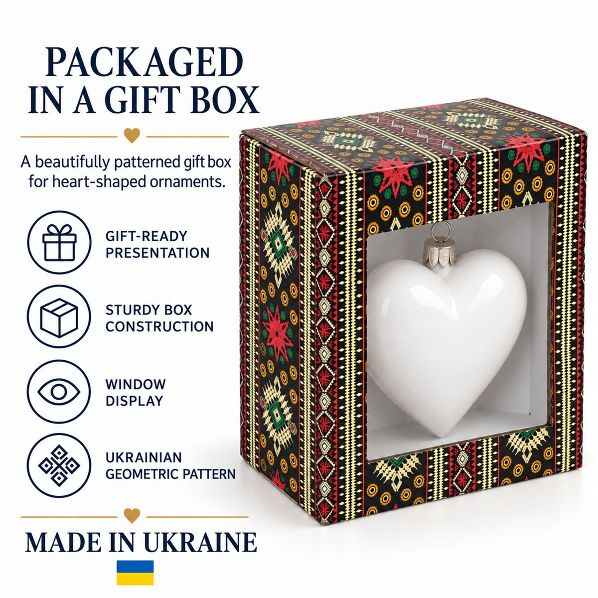 Gift-ready heart ornament presentation box with patterned design and window showing white heart