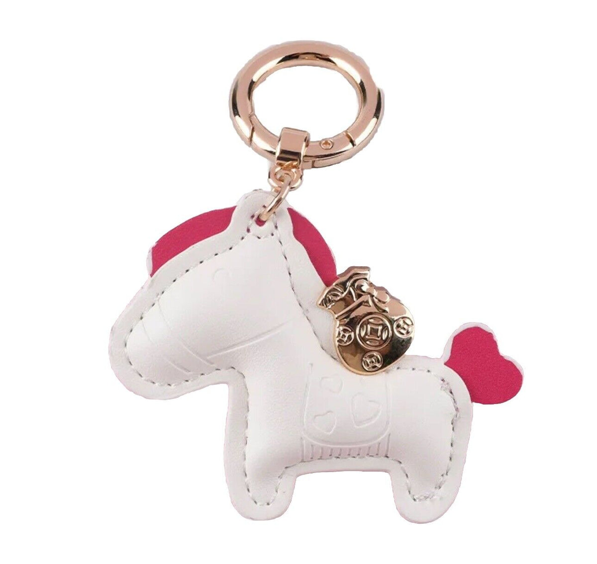 White and pink faux leather pony keychain with metal keyring and clasp