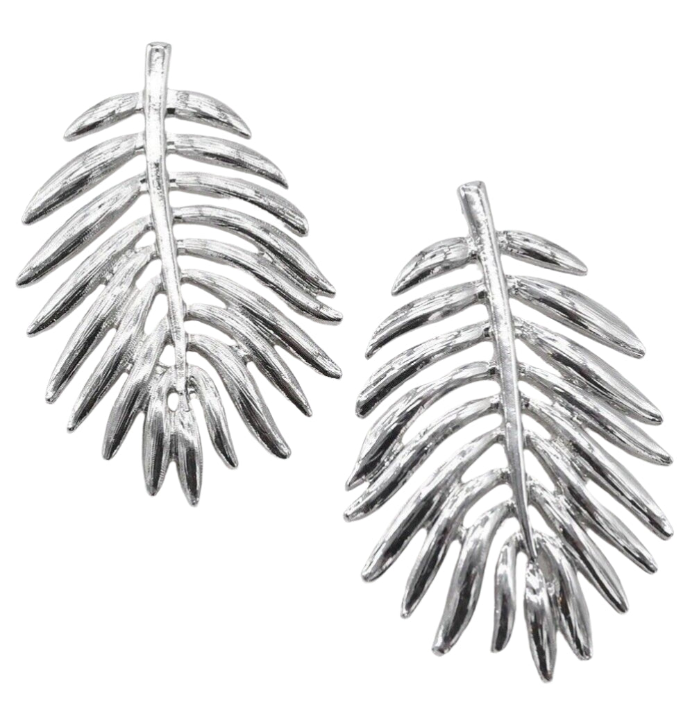 Silver leaf drop earrings, textured curved leaf dangle with central vertical post