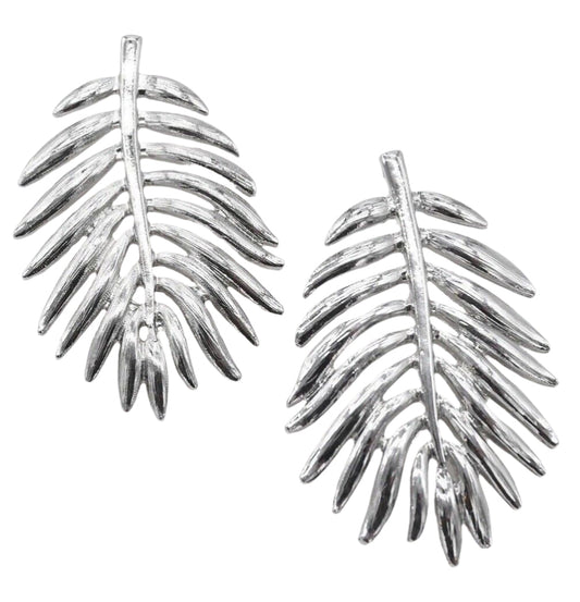 Silver leaf drop earrings, textured curved leaf dangle with central vertical post