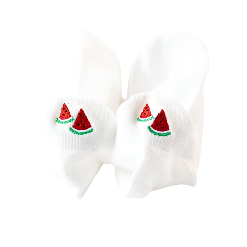 White ankle socks with watermelon slice embroidery near the toes