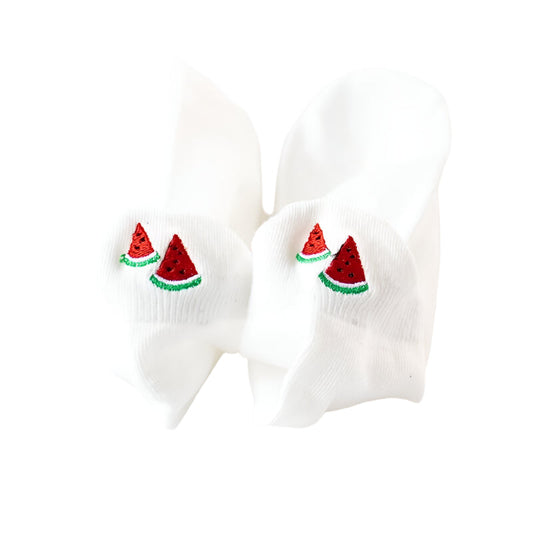 White ankle socks with watermelon slice embroidery near the toes