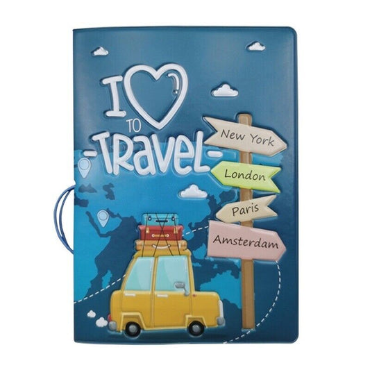 Teal faux leather passport cover with 'I love travel' design and city tags