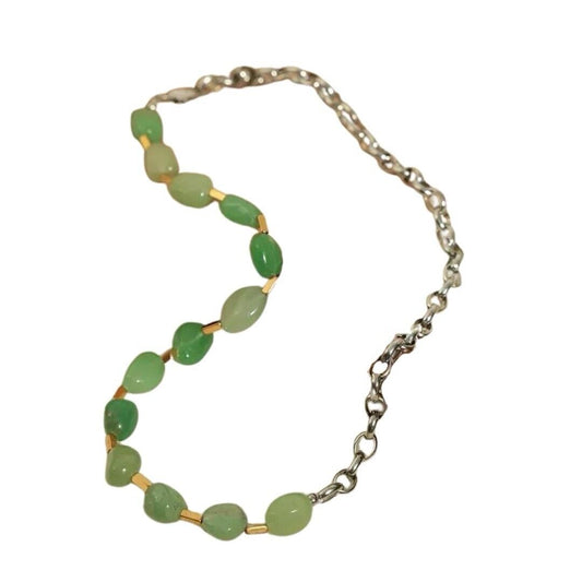 Green jade stone beaded necklace with silver-tone chain links