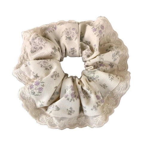 Ruffled floral velvet hair scrunchie, cream with lavender-blue details