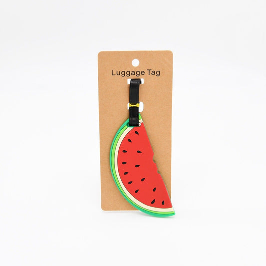 Watermelon slice luggage tag with black strap and metal clasp