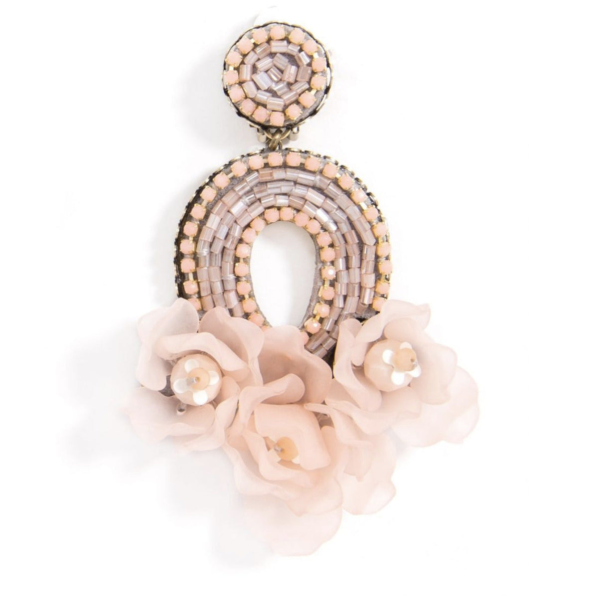 Pink floral rosette clip-on drop earring with beaded teardrop and bead fringe detail
