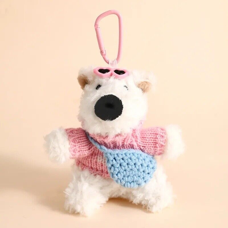 Plush bear keychain with pink and blue knitted sweater, white fur, hanging loop