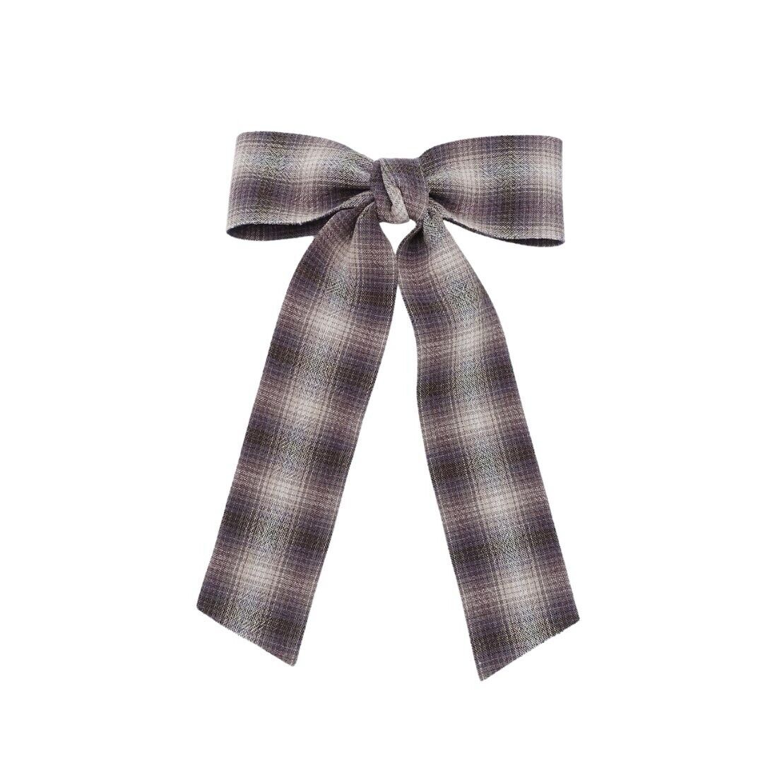 Plaid fabric hair bow barrette in grey with dark trim and long ribbon tails