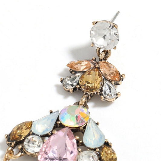 Gold-tone rhinestone chandelier teardrop earring with clear, amber, and light-blue stones