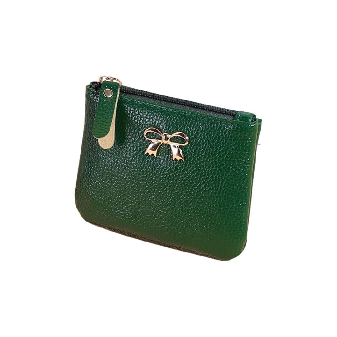 Green mini coin wallet with zipper, gold bow charm and keyring