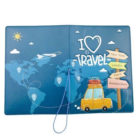 Teal faux leather passport holder opened, with travel graphic and wrist strap