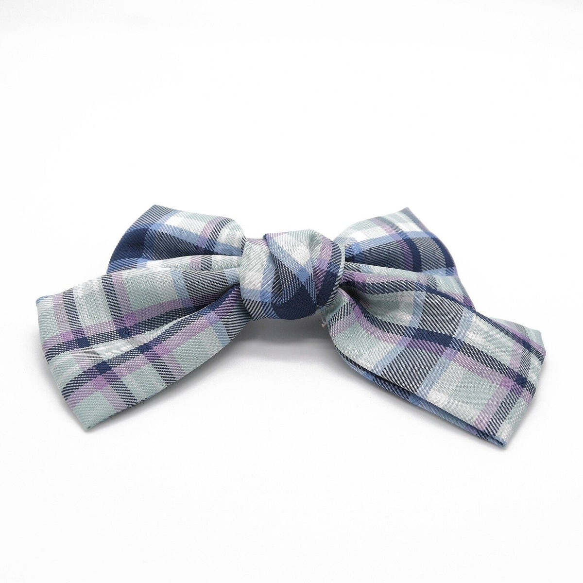 Plaid bow barrette, navy and white with light green accents