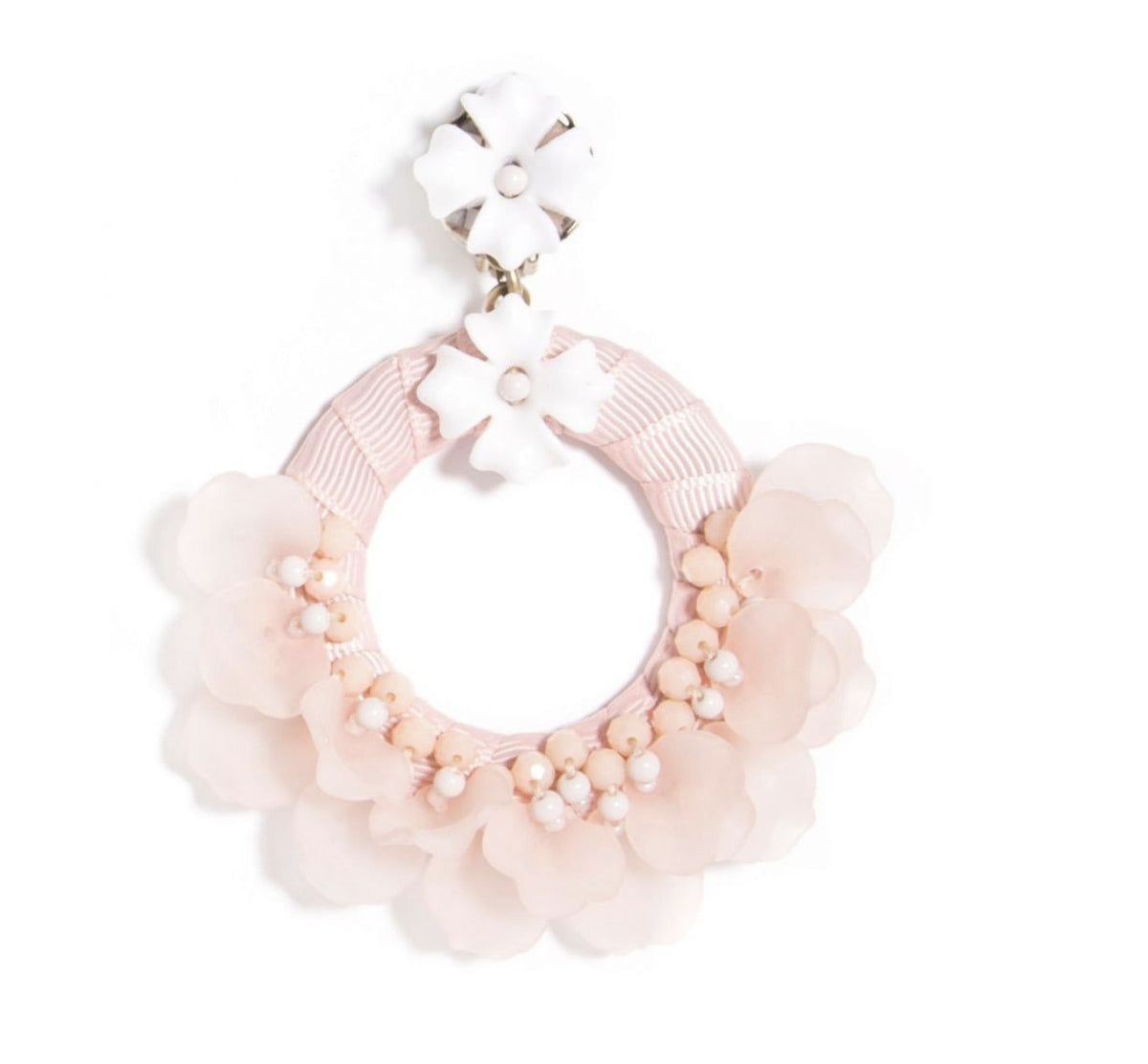 Pink floral hoop drop earring with beaded ring, bow accents, and petal clusters