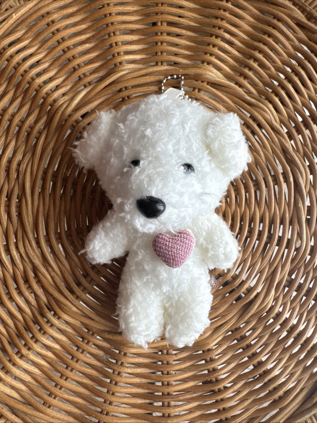 White plush teddy bear keychain, small pink heart on chest, hanging chain