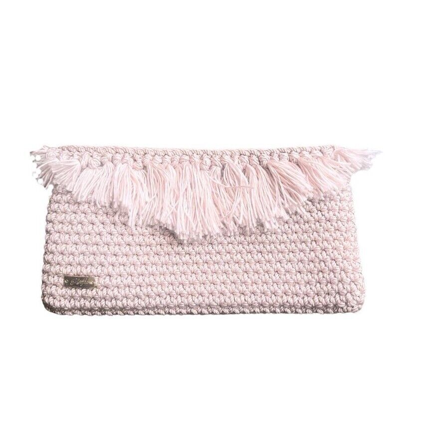 Handmade crochet clutch bag with fringe tassels, pink and taupe, small logo patch