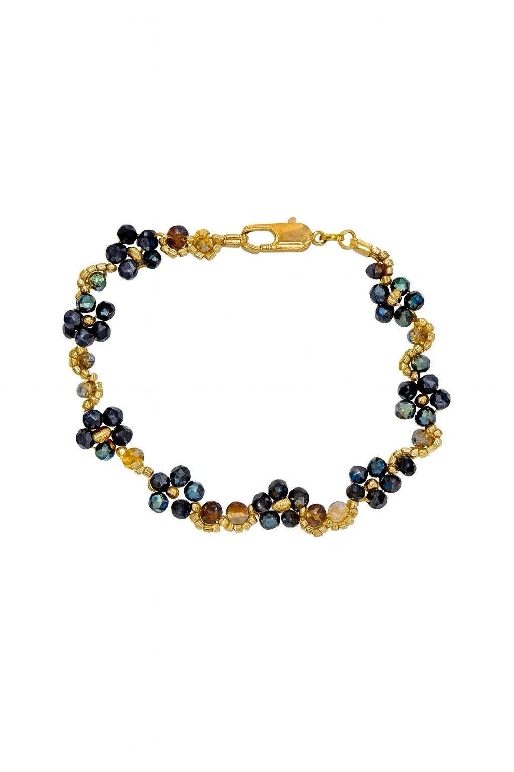 Gold-tone handmade beaded bracelet with iridescent floral accents and blue-black beads