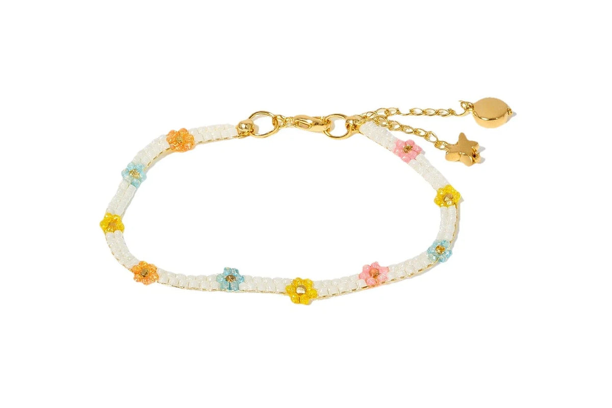 Multicolored beaded floral bracelet with gold chain and small bell charms