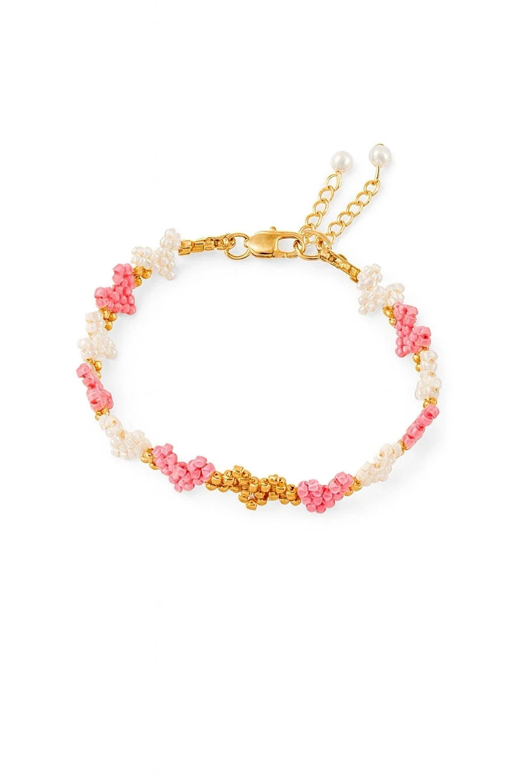 Pink and white beaded heart bracelet with gold clasp and chain extender