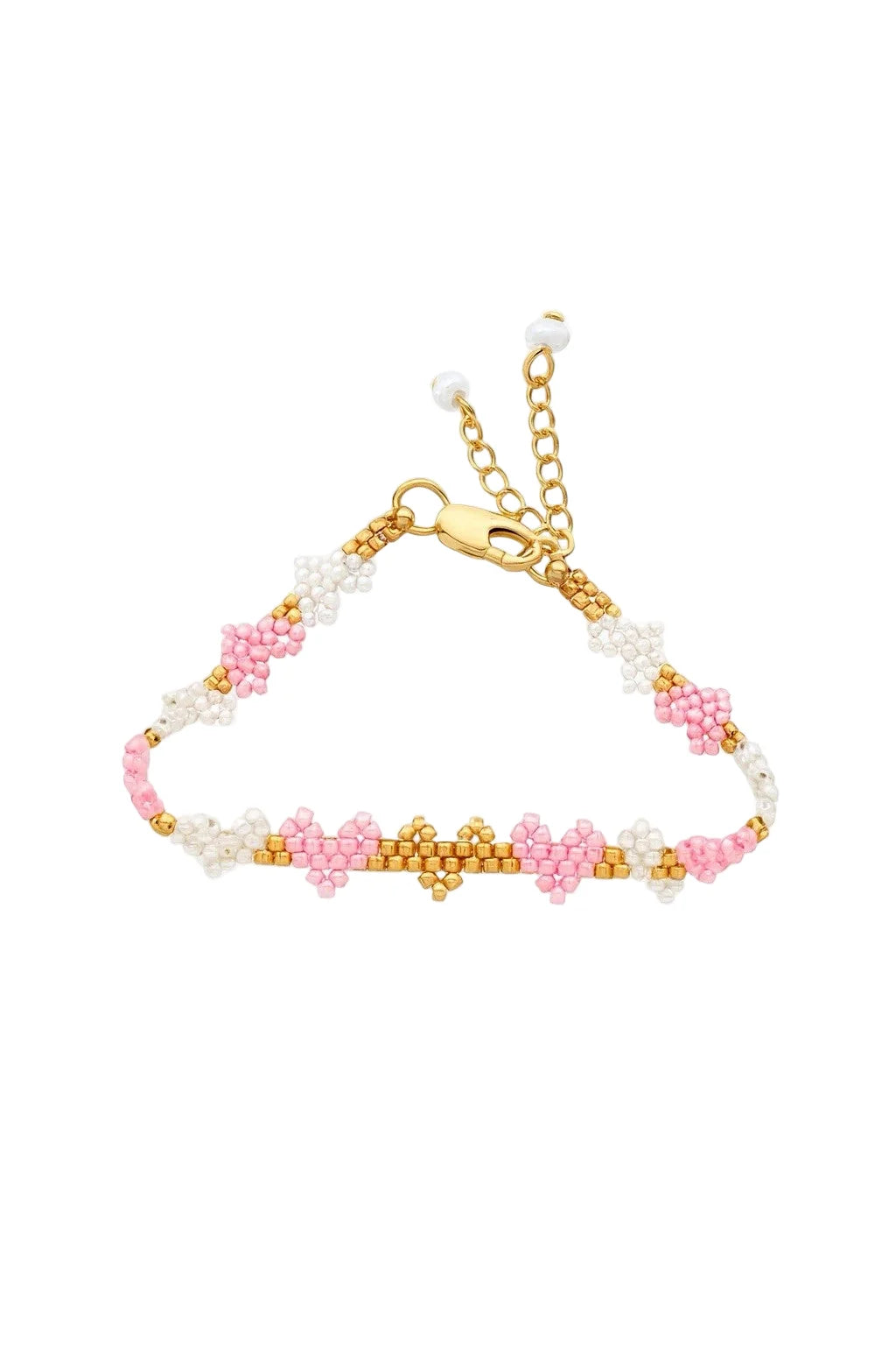 Gold clasp beaded bracelet with pink and white heart pattern and extender