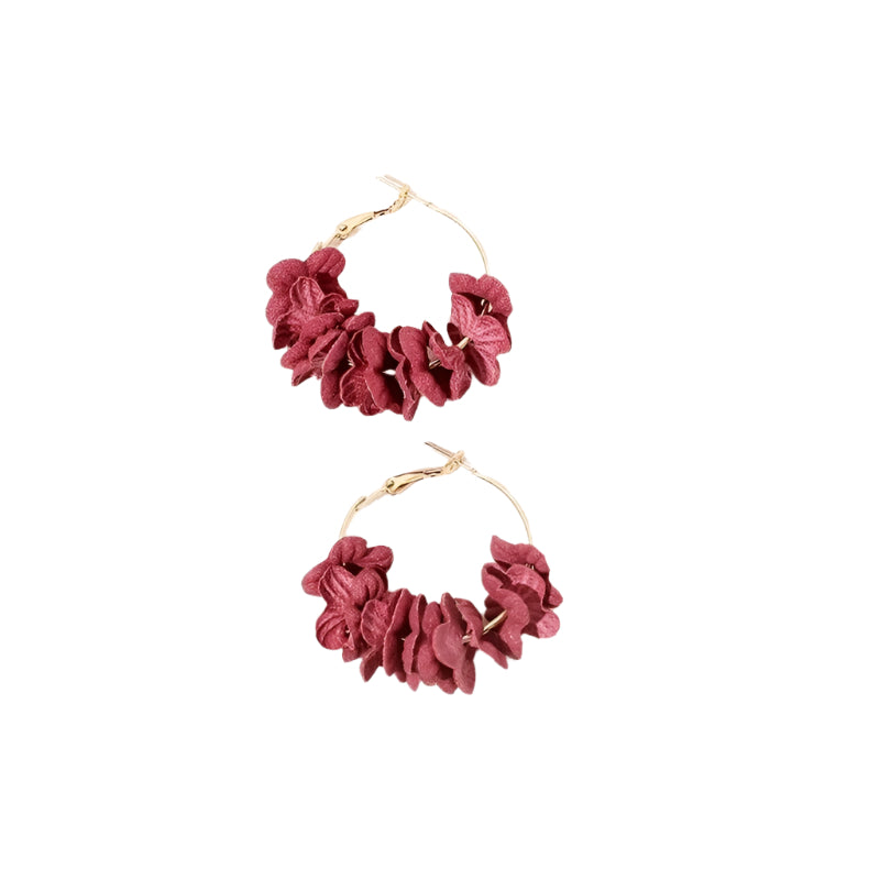 Gold hoop drop earrings with deep red fabric floral petals