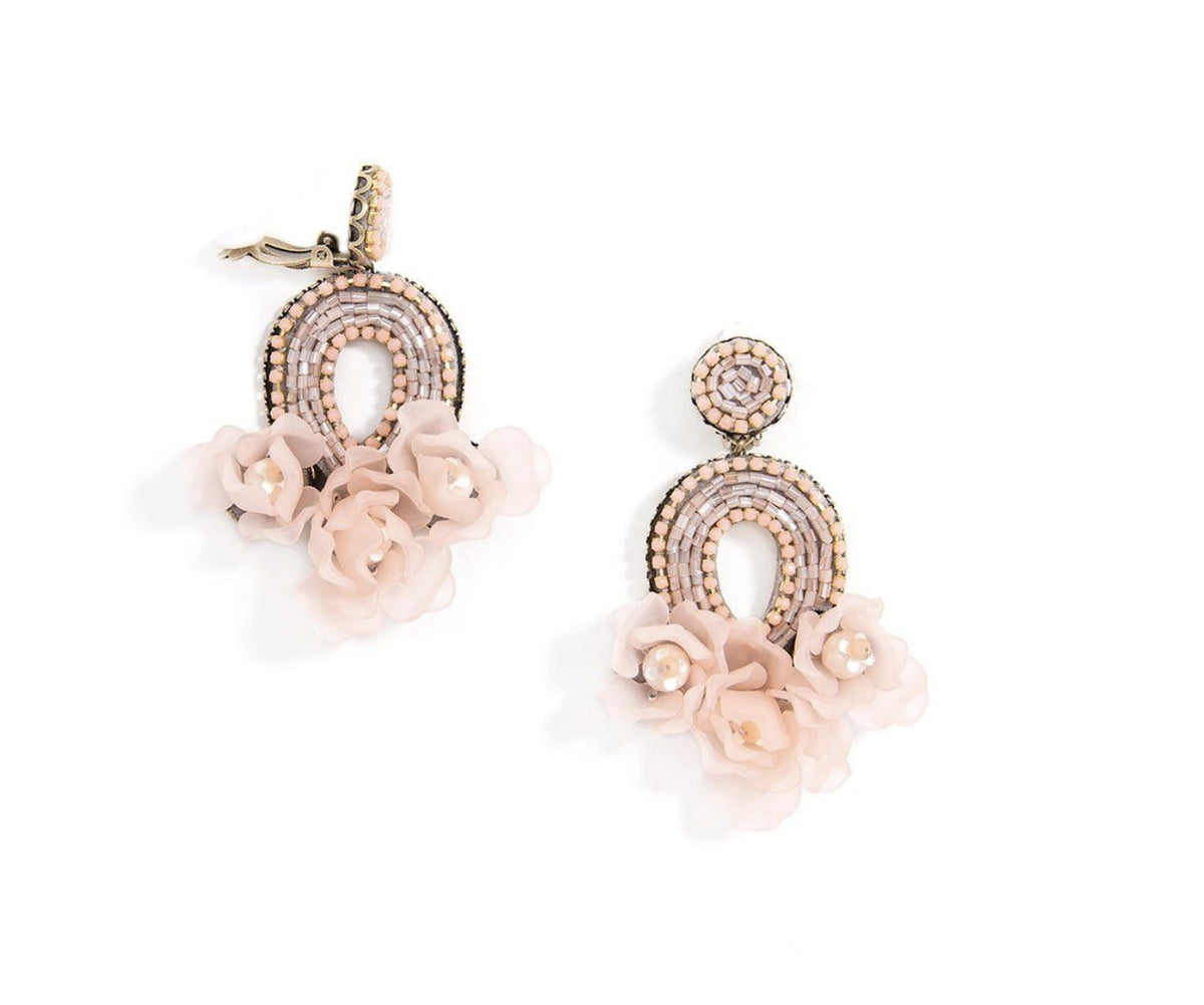 Pink beaded drop clip-on earrings with floral fabric rosettes and teardrop charm