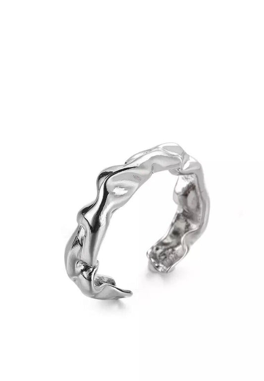 Silver hammered open cuff ring with adjustable irregular wavy band