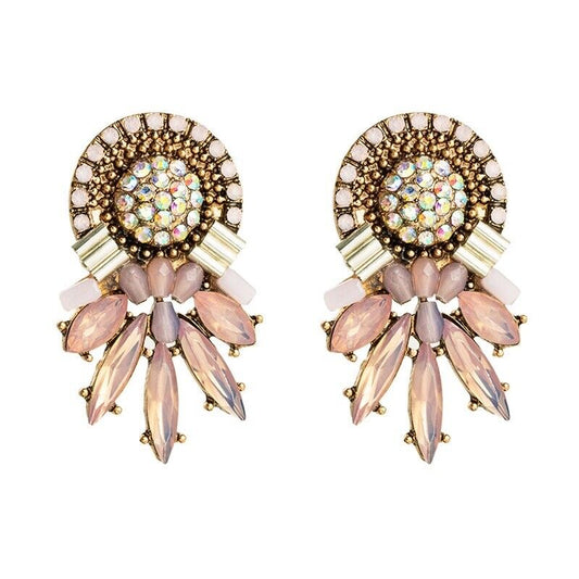Pink and clear glass stone drop earrings with gold-tone fan fringe, oval center