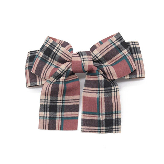 Brown plaid fabric hair bow with center knot and attached bow tails