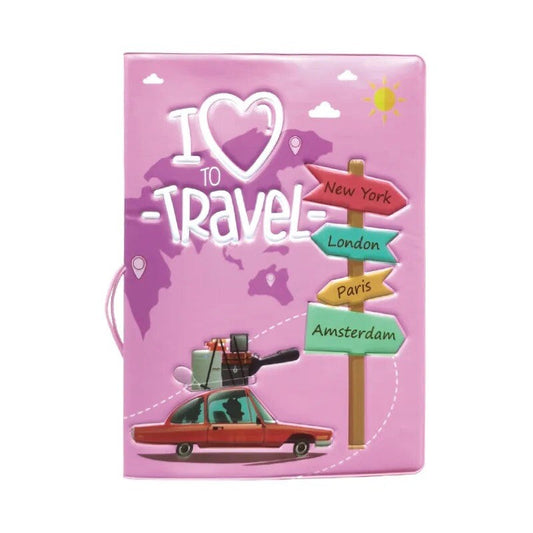 Pink faux leather passport cover with travel-themed graphic