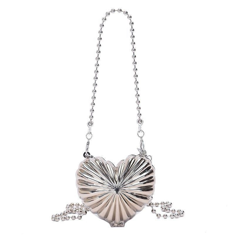 Heart hard-shell coin purse with double silver chain and rhinestone heart clasp