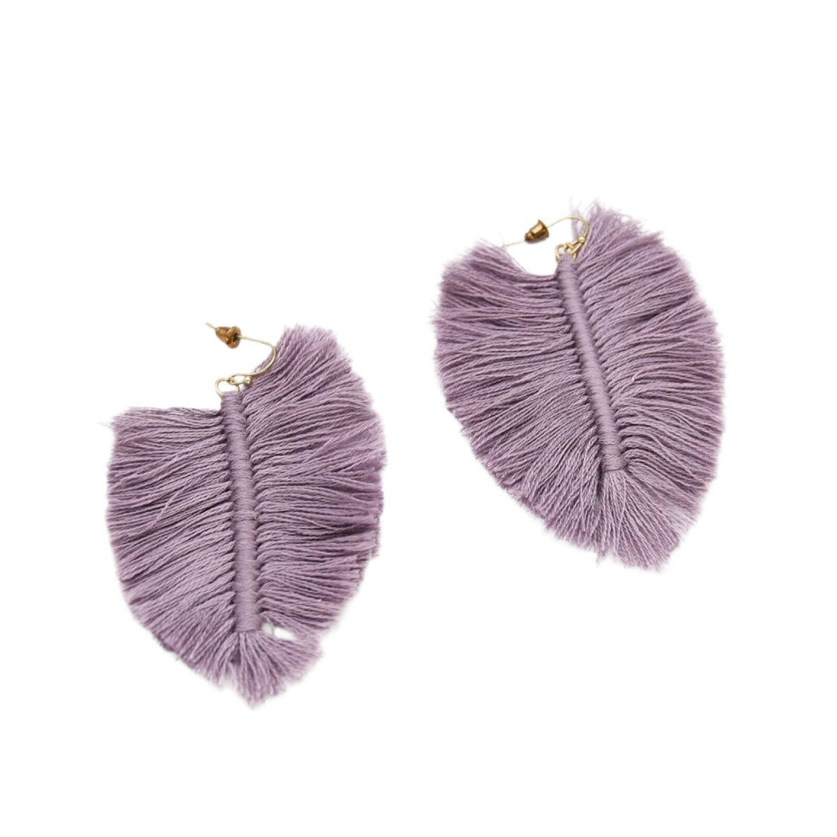 Lavender thread tassel leaf earrings with gold-toned hooks