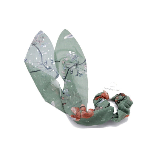 Green floral chiffon scrunchie with elastic band, sheer fabric with butterfly-like prints