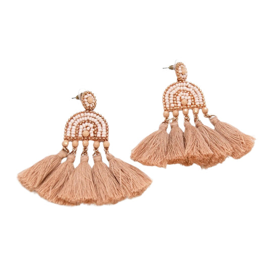 Beaded drop earrings with tribal fan design and tassels, pink and beige