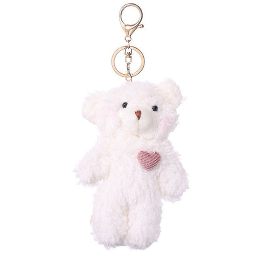 White and pink heart bear plush keychain with metal ring and clasp