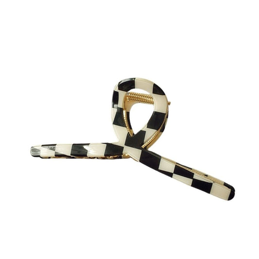Black and white check acetate hair claw with gold-tone hinge detail