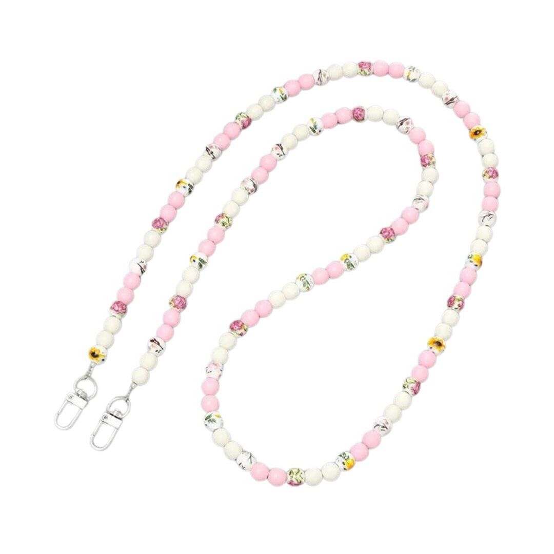 Pink and white beaded mobile phone chain with lobster clasps