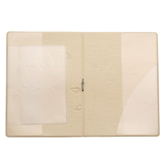 Beige textured passport cover with clear ID window and elastic strap