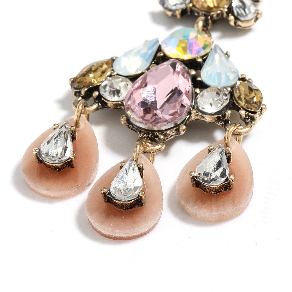 Pink, blue, and clear rhinestone teardrop drop earrings in gold-tone settings