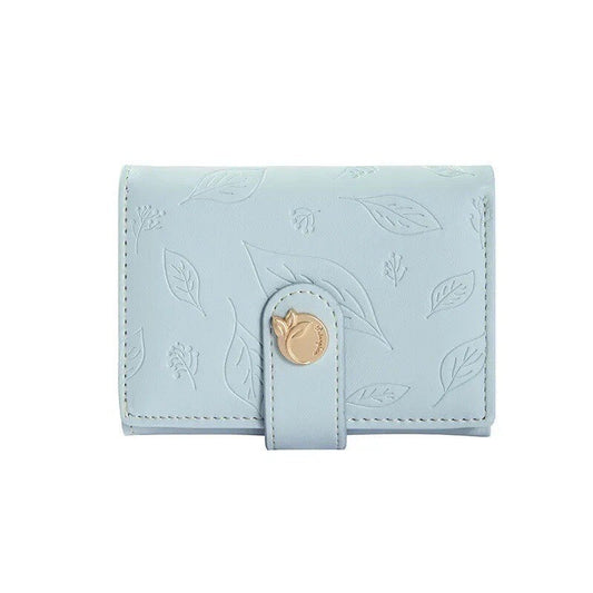 Pastel blue mini leaf card holder wallet with gold snap and stitched flap