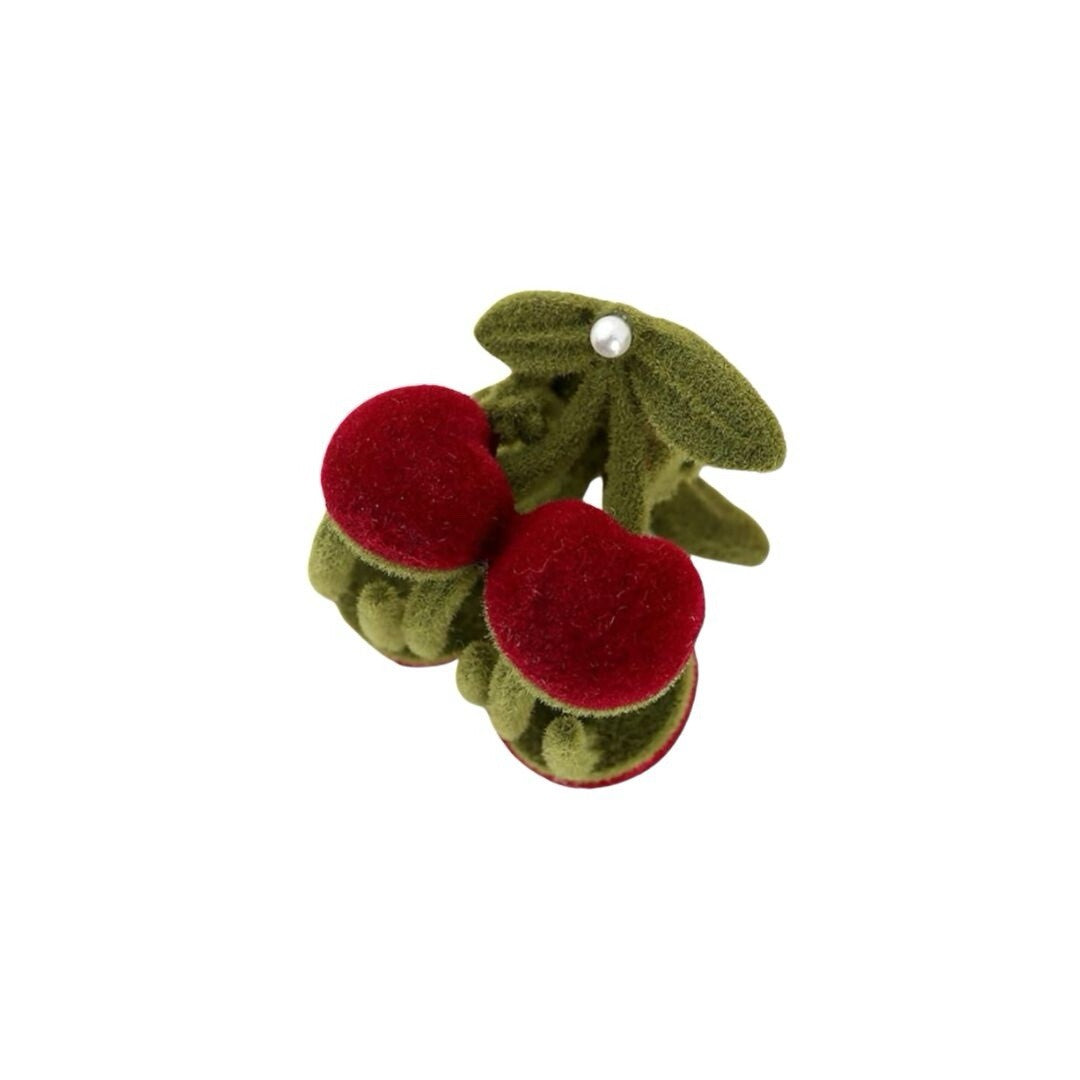 Velvet cherry mini hair clip with green leaves and pearl accent