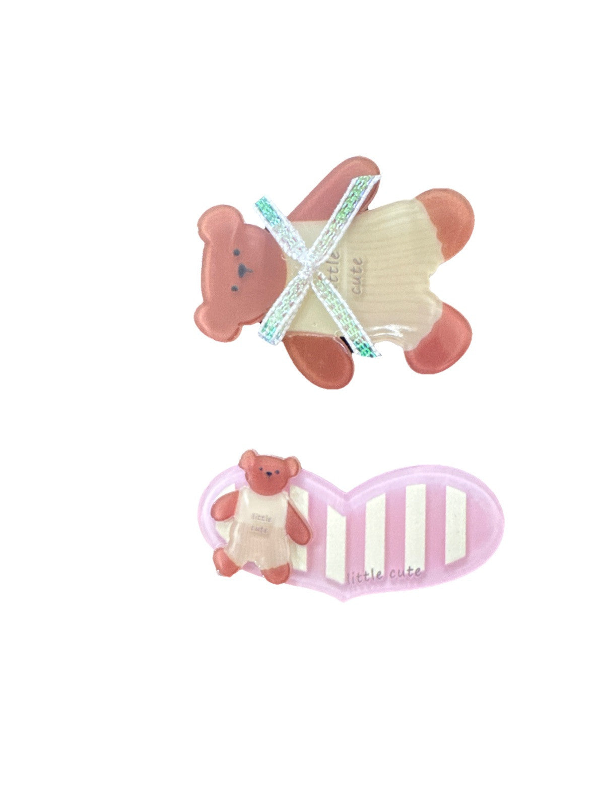 Acrylic bear hair clip set with teal ribbon detail and pink striped oval clip