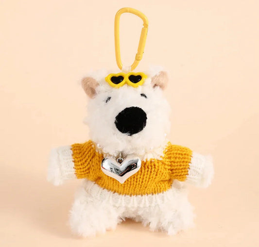 White bear plush keychain in yellow sweater with heart pendant and yellow loop
