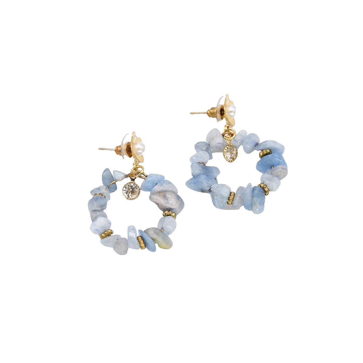 Blue beaded floral drop earrings with pearl accents and gold-tone stud posts