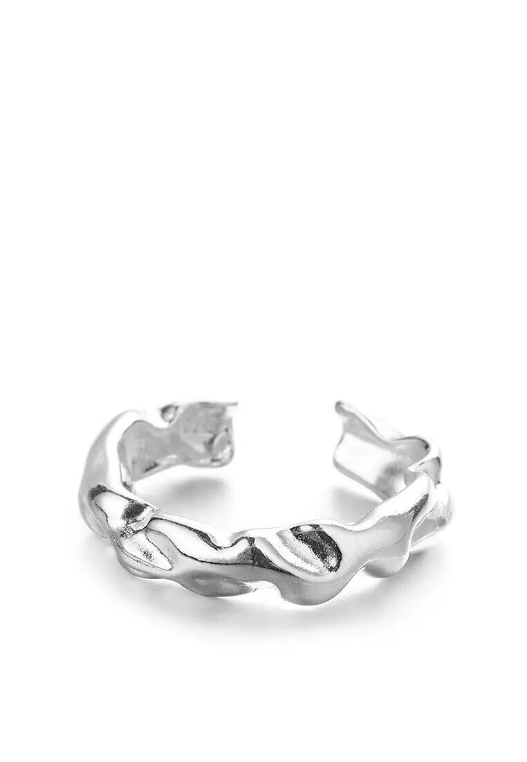 Silver irregular hammered adjustable cuff ring, wavy open design