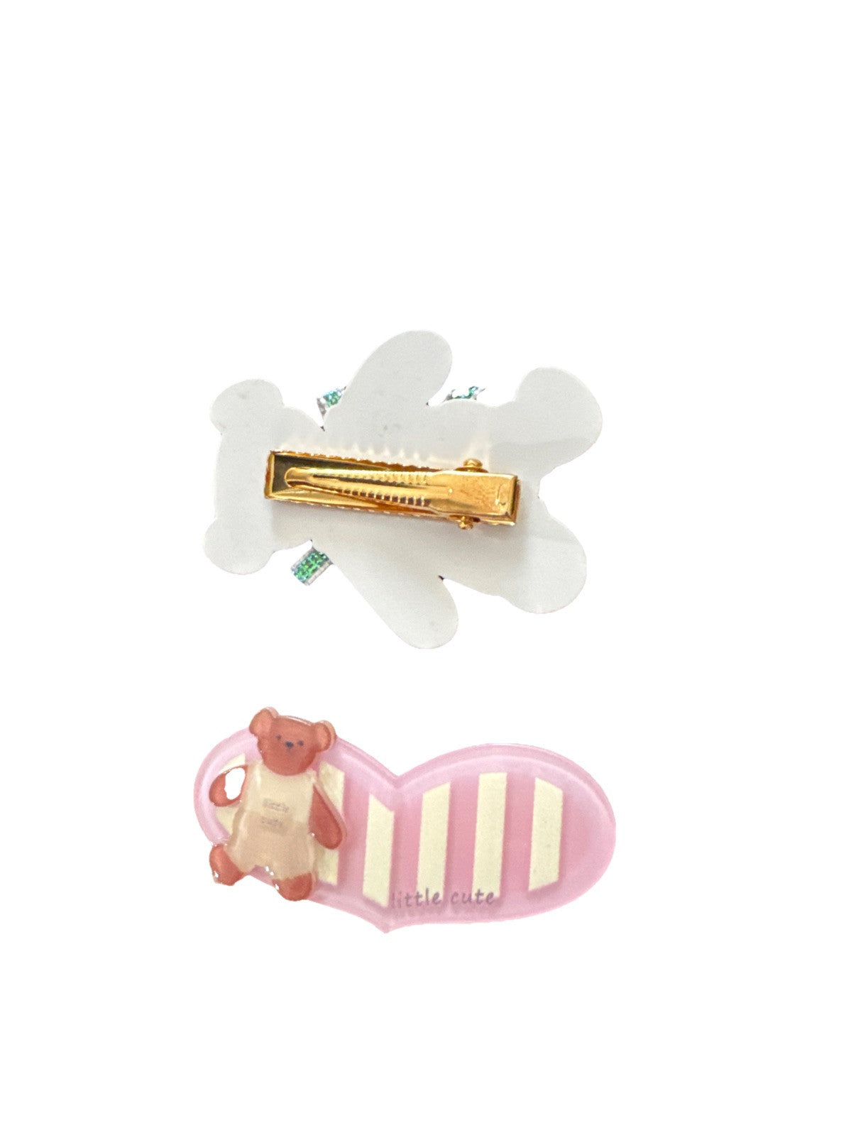 Two-piece bear hair clip set with gold snap clip, white bear top and pink oval